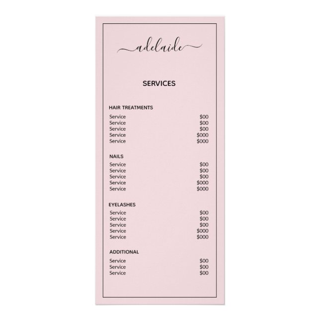 Blush Pink Price List Simple Salon Service Menu (Back)