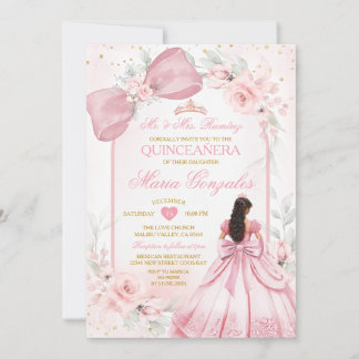 Blush Pink Princess Dress Bow Floral Quinceañera Invitation