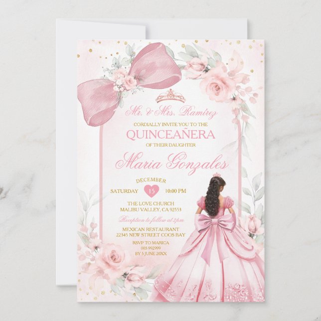 Blush Pink Princess Dress Bow Floral Quinceañera Invitation (Front)