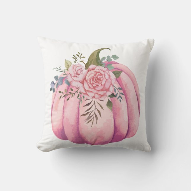 Blush Pink Pumpkin and Roses Girly Fall Decor Cushion (Front)