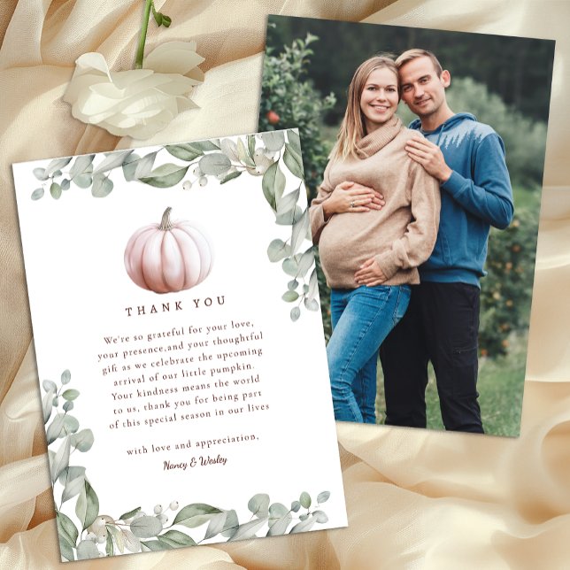 Blush Pink Pumpkin Fall Baby Shower Thank You Card (Photo Thank You Card - Blush Pink)