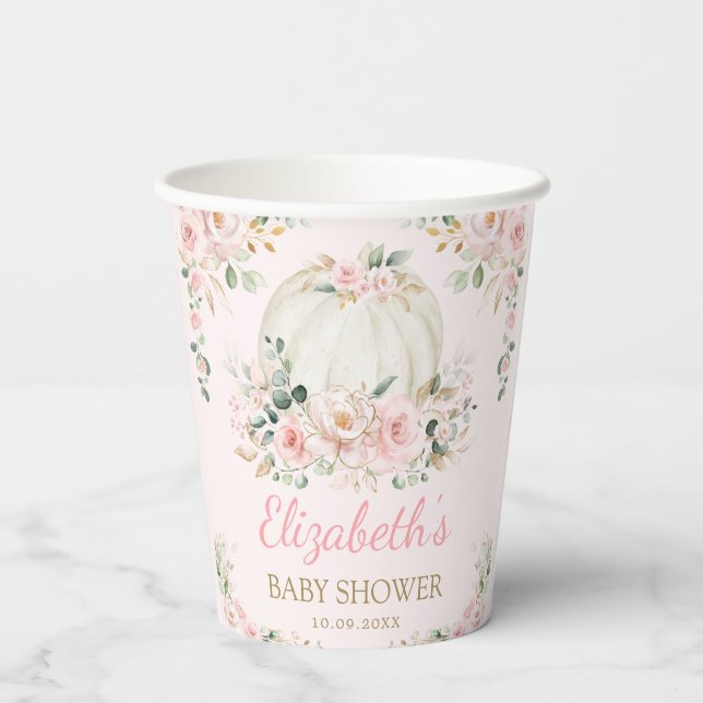 Blush Pink Pumpkin Fall Greenery Baby Shower Paper Cups (Back)