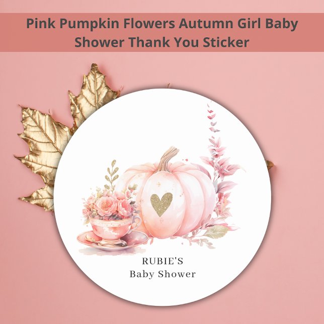 Blush Pink Pumpkin Floral Gold Heart  Classic Round Sticker (Creator Uploaded)