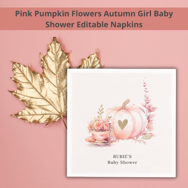 Blush Pink Pumpkin Floral Gold Heart  Napkin (Creator Uploaded)