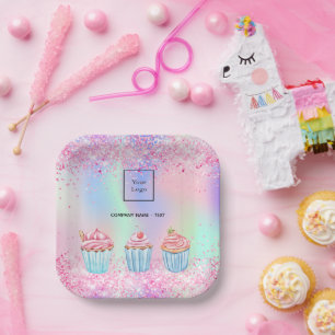 Blush pink purple baking glitter cupcakes logo paper plate