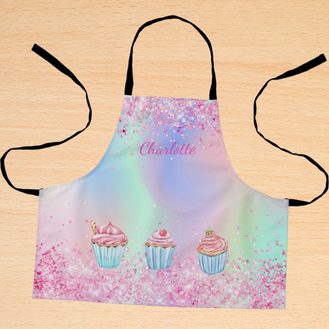 Blush pink purple baking glitter cupcakes name apron (Creator Uploaded)