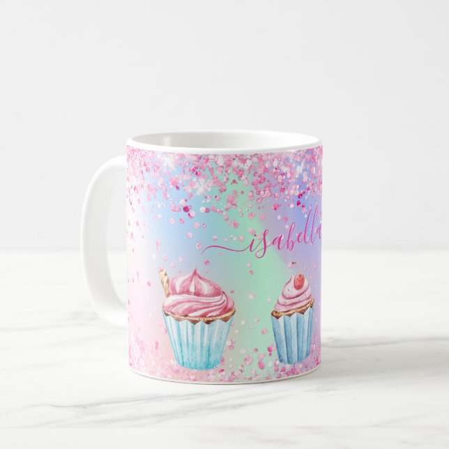 Blush pink purple baking glitter cupcakes name coffee mug (Front Left)