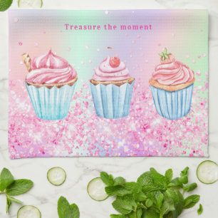 Blush pink purple baking glitter cupcakes name  tea towel
