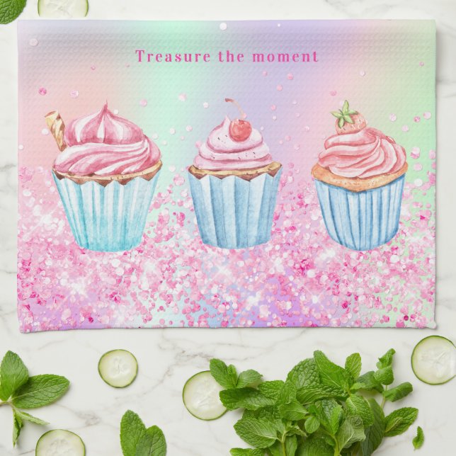 Blush pink purple baking glitter cupcakes name  tea towel (Folded)