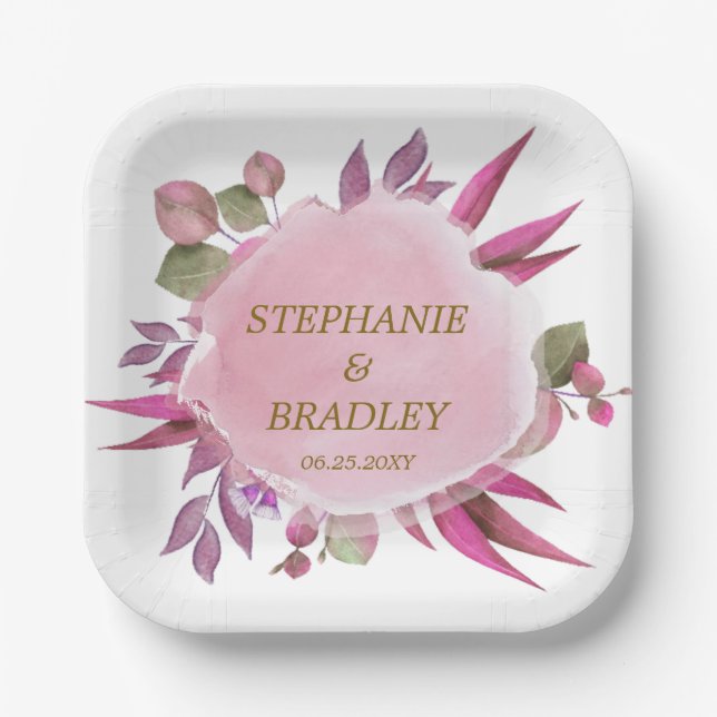Blush Pink Purple Botanical Elegant Modern Wedding Paper Plate (Front)