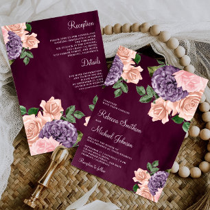 Blush Pink Purple Floral All in One Plum Wedding Invitation