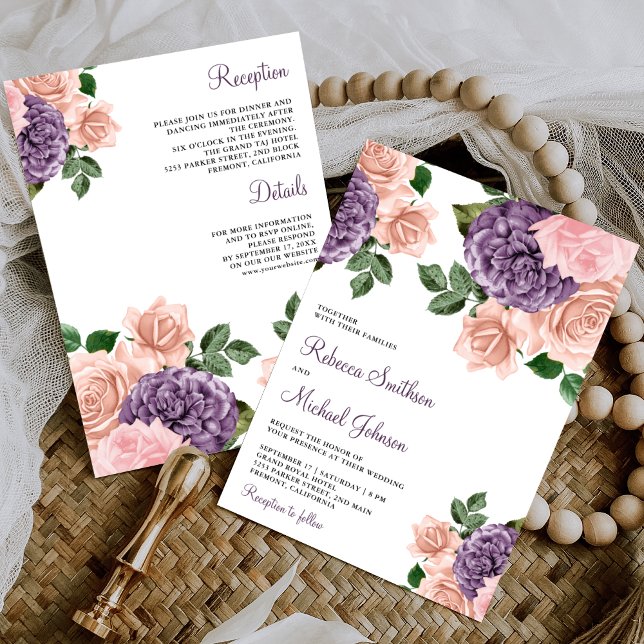 Blush Pink Purple Floral All in One Wedding Invitation (Creator Uploaded)