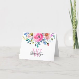 Blush Pink Purple Floral Botanical Monogrammed Thank You Card