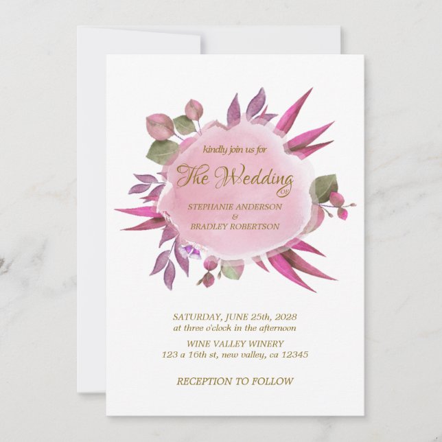 Blush Pink Purple Floral Elegant Modern Wedding Invitation (Front)