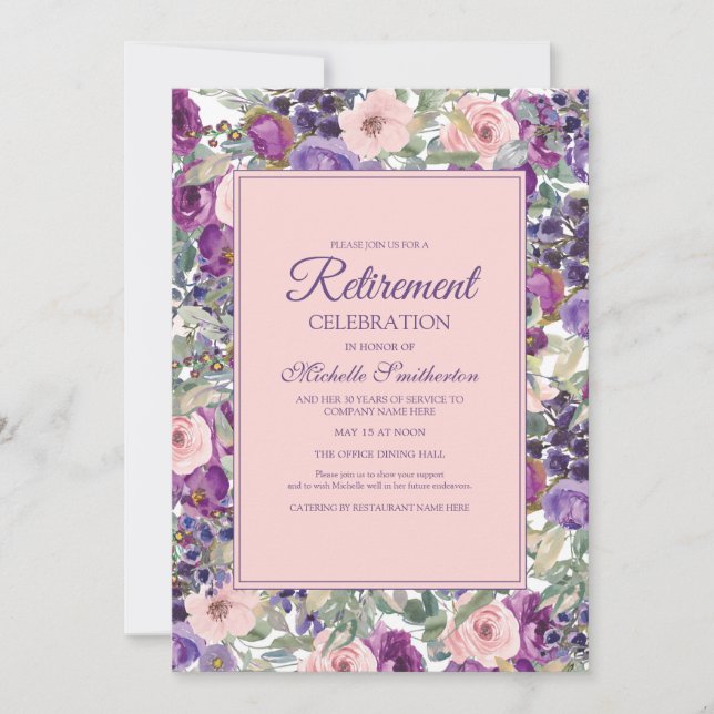 Blush Pink Purple Floral Retirement Party Invitation (Front)