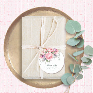 Blush Pink Purple Floral Script Wedding Thank You Classic Round Sticker