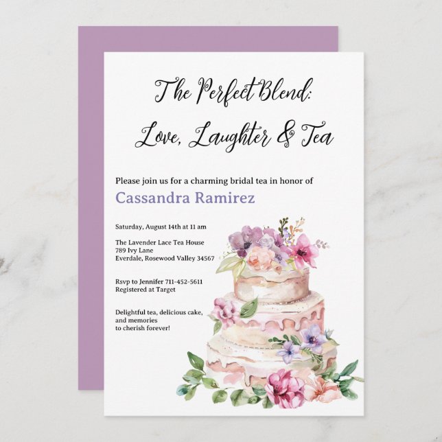 Blush Pink Purple Floral Tiered Cake Bridal Shower Invitation (Front/Back)
