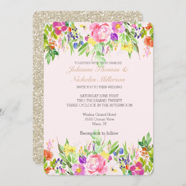 Blush Pink Purple Floral Watercolor Gold Sparkle Invitation (Front/Back)