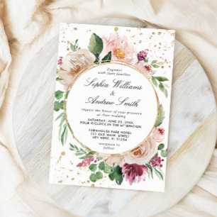 Blush Pink Purple Flowers & Gold Confetti Wedding Invitation