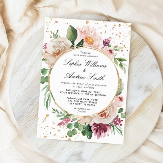Blush Pink Purple Flowers & Gold Confetti Wedding Invitation (Creator Uploaded)