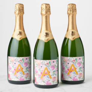 Blush pink purple flowers monogram sparkling wine label