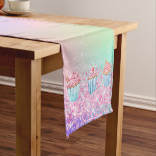 Blush pink purple glitter dust cupcakes short table runner