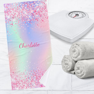 Blush pink purple glitter dust holographic girl bath towel