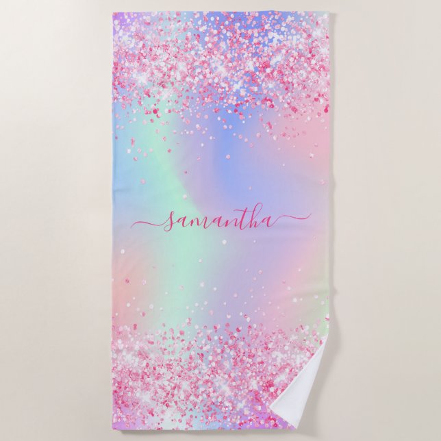 Blush pink purple glitter dust holographic name beach towel (Front)