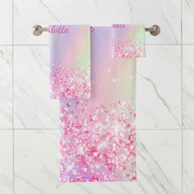 Blush pink purple glitter  girl holographic bath towel set (Creator Uploaded)