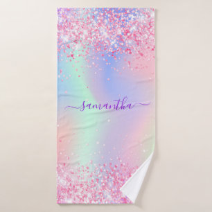 Blush pink purple holographic name bath towel