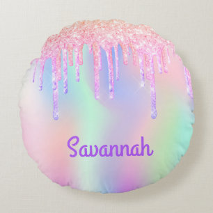 Blush pink purple iridescent name girl round cushion