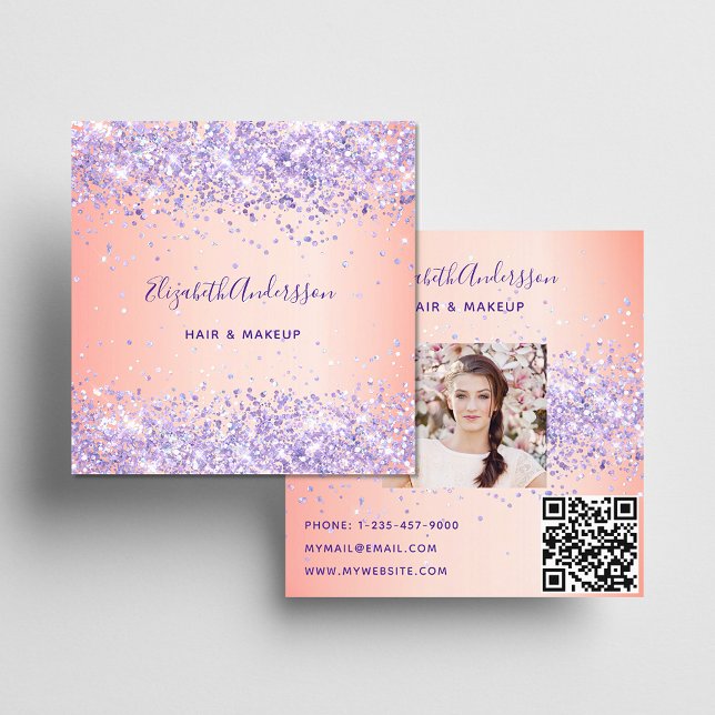 Blush pink purple  photo qr code square business card (Creator Uploaded)