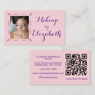 Blush Pink Purple Script Photo Makeup Business Card