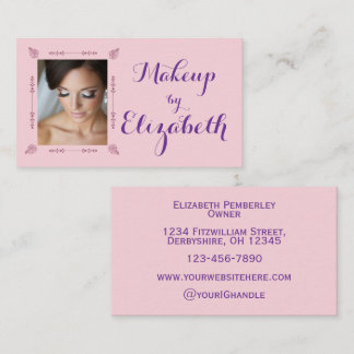 Blush Pink Purple Script Photo Makeup Business Card