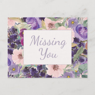Blush Pink Purple Watercolor Floral Missing You Postcard