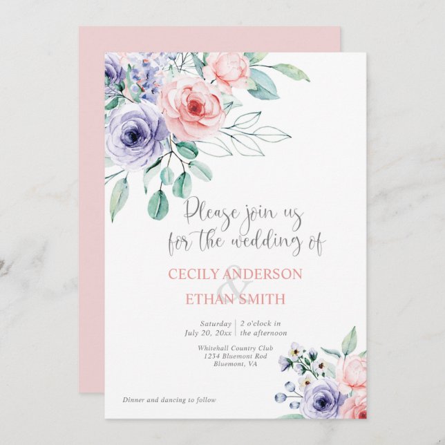 Blush Pink & Purple Watercolor Flowers Wedding Invitation (Front/Back)