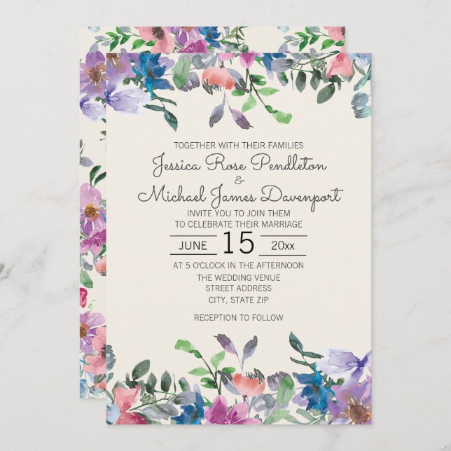Blush Pink Purple Watercolor Garden Floral Wedding Invitation (Front/Back)