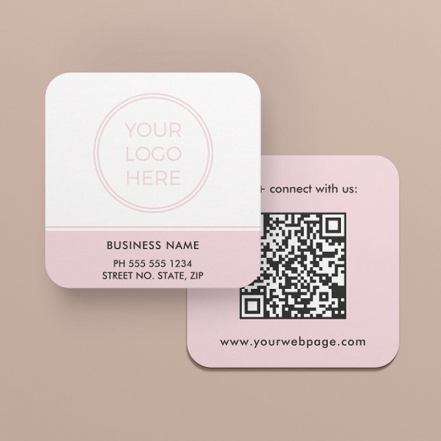 Blush Pink QR Code Logo Square Business Card (A square card in 2.5 inches is shown. Choose paper and corner style.)