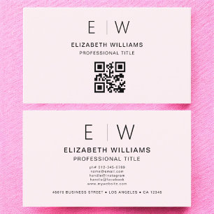 Blush Pink QR Code Monogram Minimalist Business Card