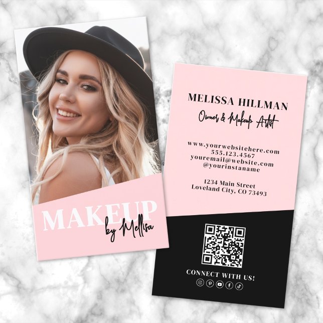 Blush Pink QR Code Photo Makeup Vertical Business Card (Blush Pink QR Code Photo Makeup Vertical Business Card)