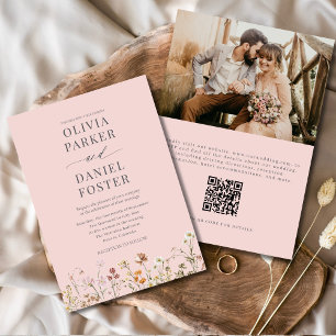 Blush Pink QR Code Photo Wildflower Wedding  Invitation