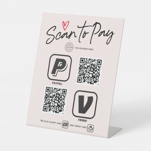 Blush Pink QR code scan to pay Modern Calligraphy  Pedestal Sign (Front)