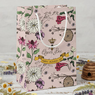 Blush Pink Queen Bee, Beehive and Flowers Floral Small Gift Bag