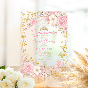 Blush Pink Quinceañera Golden Butterflies Roses Acrylic Invitations