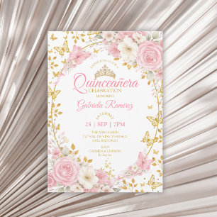 Blush Pink Quinceañera Golden Butterflies Roses Invitation