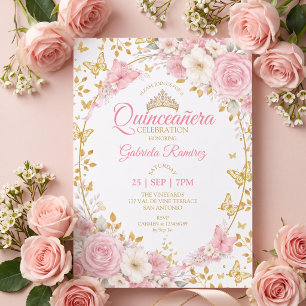 Blush Pink Quinceañera Golden Butterflies Roses Invitation