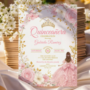 Blush Pink Quinceañera Golden Butterfly Invitation