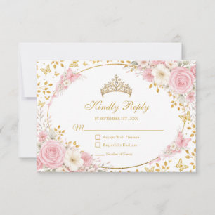 Blush Pink Quinceañera Golden Butterfly  RSVP Card