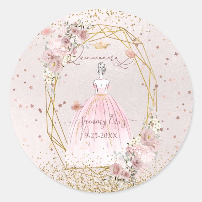 Blush Pink Quinceanera H2 Flowers Dusty Pink Roses Classic Round Sticker (Front)