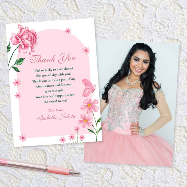 Blush Pink Quinceañera Roses and Butterflies Photo Thank You Card (Blush Pink Quinceañera Roses and Butterflies Photo Thank You Card)